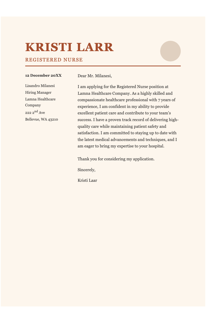 Bold nursing cover letter - Professional nursing job application cover letter with elegant serif typography and structured two-column layout.
